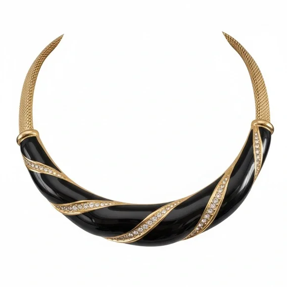 Vintage Dior Necklace Bold Black Enamel Rhinestone Designer Piece - Picture 1 of 14
